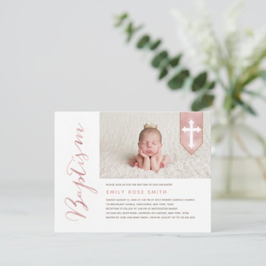 Baptisme Script Shiny Blush Photo Invitation Kaart (Staand voorkant)