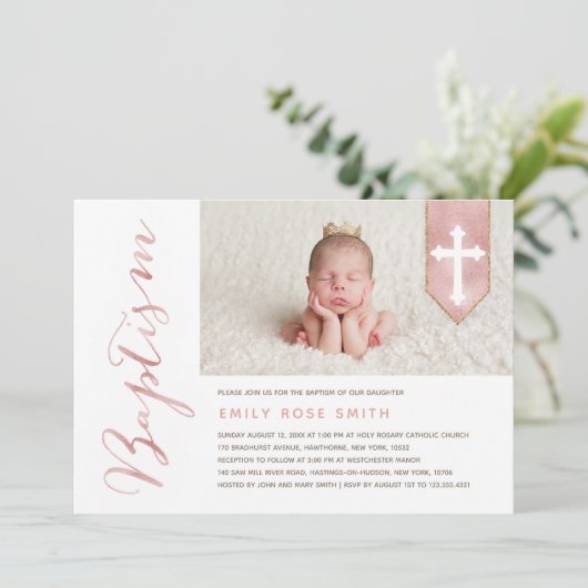 Baptisme Script Shiny Blush Photo Invitation Kaart (Staand voorkant)