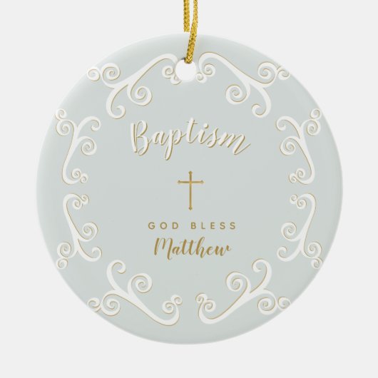 Baptisme Scrollen in Powder Blue en Gold Keramisch Ornament (Voorkant)