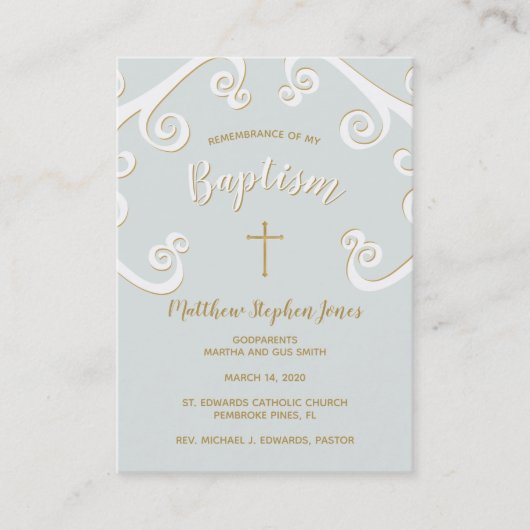 Baptisme Scrollen in Powder Blue en Gold Visitekaartje (Voorkant)