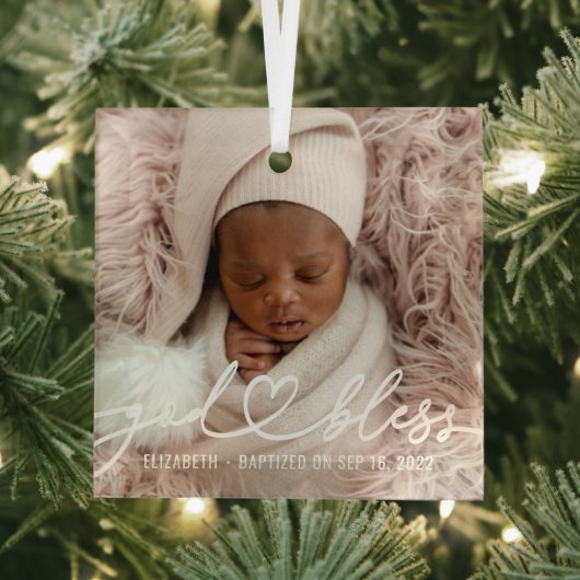 Baptisme Simple Elegant Moderne Heart Baby Foto Glas Ornament (Insitu)