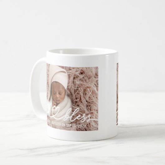 Baptisme Simple Elegant Moderne Heart Baby Foto Koffiemok (Voorkant links)