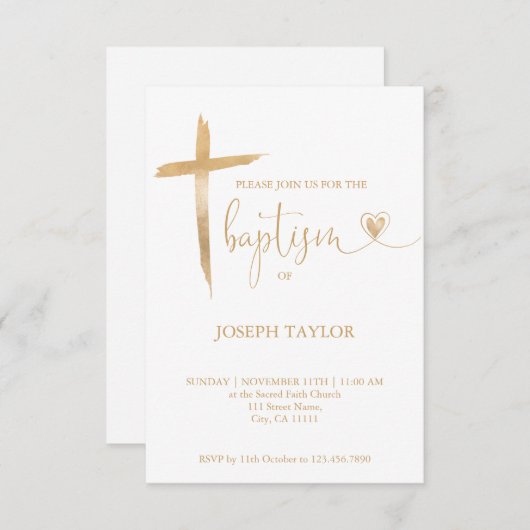 Baptisme Simple Modern Cross Christening Gold Invi Kaart (Voorkant / Achterkant)