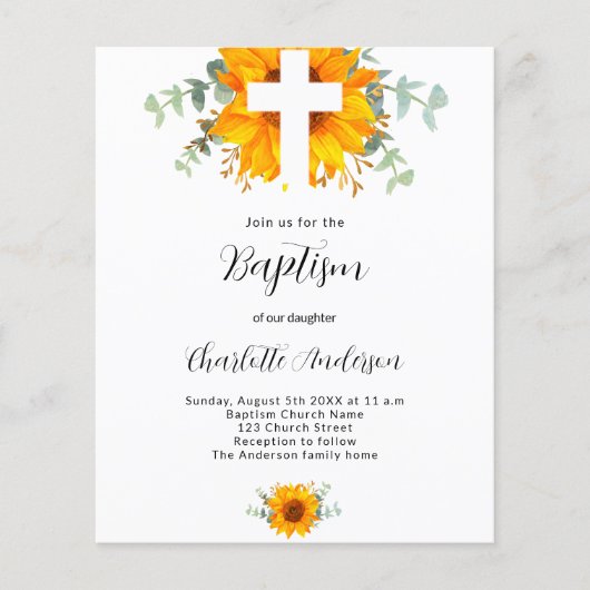 Baptisme sunflower eucalyptus budget uitnodiging flyer (Voorkant)