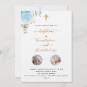 Baptisme tweeling jongens witte foto luxe kaart (Voorkant)