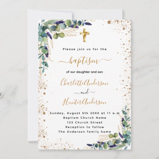 Baptisme twint Eucalyptus greenery Gold script Kaart (Voorkant)