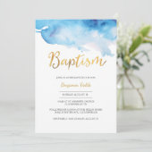 Baptisme-uitnodiging | blauwe waterverf en goud kaart (Staand voorkant)