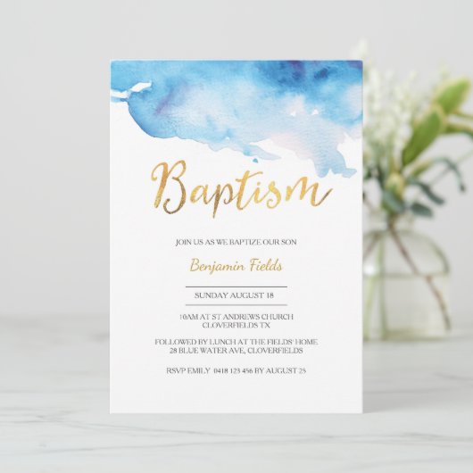 Baptisme-uitnodiging | blauwe waterverf en goud kaart (Staand voorkant)