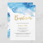 Baptisme-uitnodiging | blauwe waterverf en goud kaart (Voorkant / Achterkant)