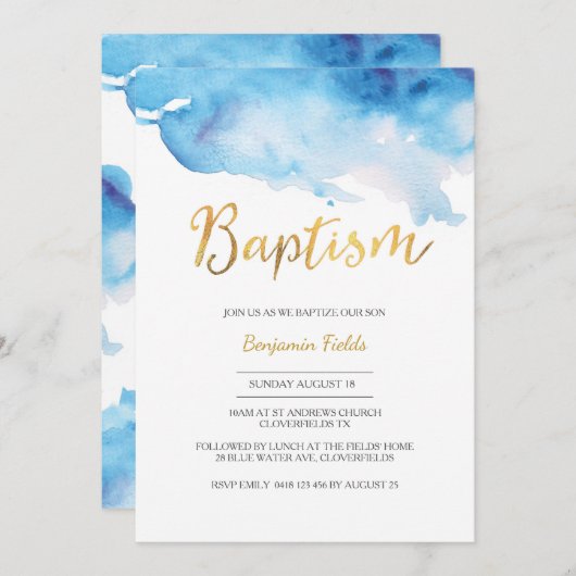 Baptisme-uitnodiging | blauwe waterverf en goud kaart (Voorkant / Achterkant)