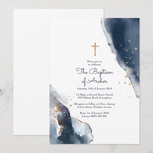 Baptisme-uitnodiging - marinegoudglitter-Waterverf Kaart (Voorkant / Achterkant)