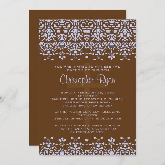 Baptisme-uitnodiging voor bruin en blauw Damaslich Kaart (Voorkant / Achterkant)