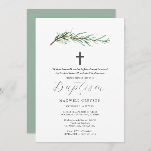 Baptisme Uitnodigingen Botanische rozemarijn (Voorkant / Achterkant)