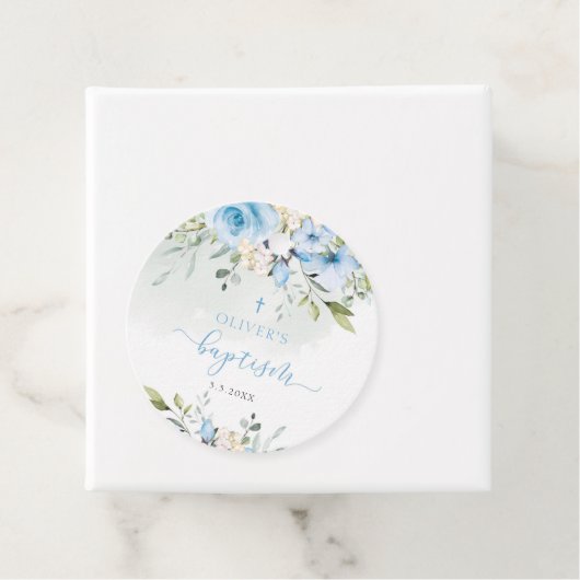 Baptisme van de blauwe florale baby bedankjes labels (In situ)