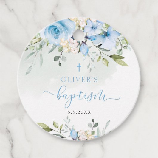 Baptisme van de blauwe florale baby bedankjes labels (Voorkant)
