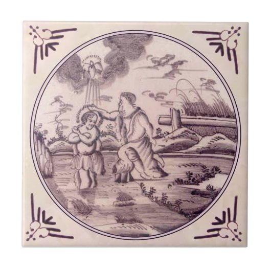 Baptisme van Jesus Delft Manganese Repro 18th Cent Tegeltje (Voorkant)