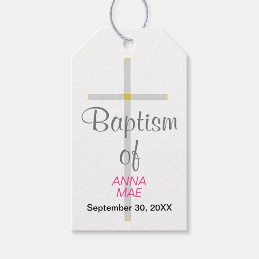 Baptisme van naam Silver Cross-roze naam Cadeaulabel (Voorkant)