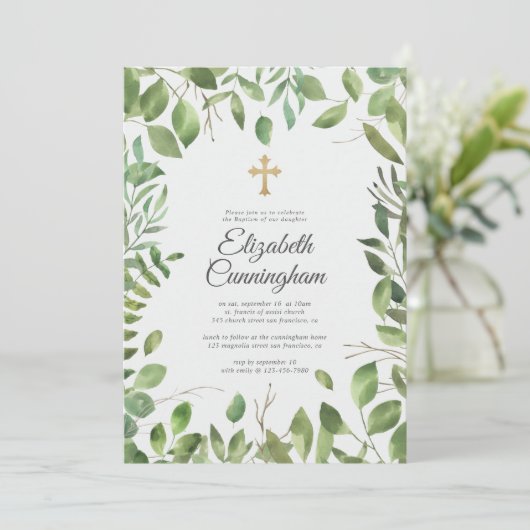 Baptisme voor haar | Goud cross-Greenery Foliage L Kaart (Staand voorkant)