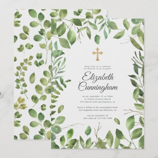 Baptisme voor haar | Goud cross-Greenery Foliage L Kaart (Voorkant / Achterkant)
