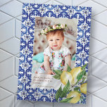 Baptisme voor haar mediterrane Tegels Lemons Flowe Bedankkaart<br><div class="desc">Bestaat uit serif typografie. Allemaal tegen een achtergrond van blauwe en witte mediterrane tegels met groen bladeren,  citroenen en wilde bloemen. Dit wordt ontworpen door de Uitgezochte Leveringen van de Partij,  exclusief voor Zazzle. Hier te vinden op: http://www.zazzle.com/selectpartysupplies</div>