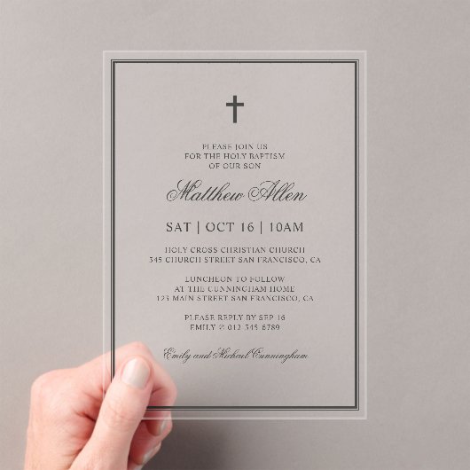 Baptisme voor hem | Elegant Classic Cross Acryl Uitnodigingen (Insitu (Draagbaar))