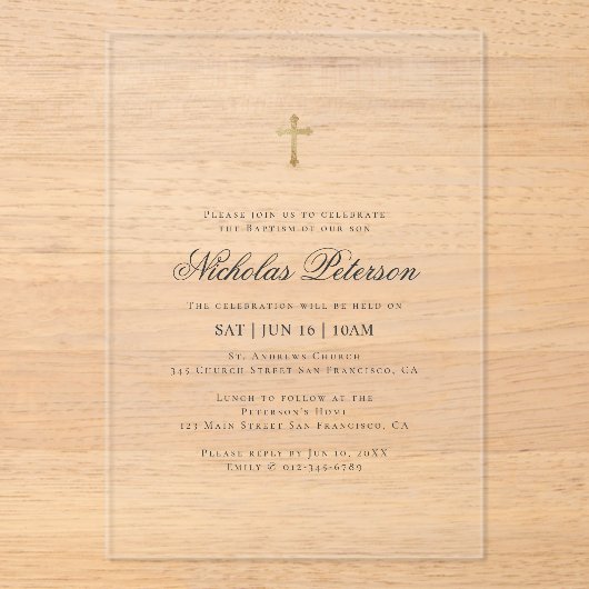 Baptisme voor hem | Minimalistisch goud Acryl Uitnodigingen (Voorkant)