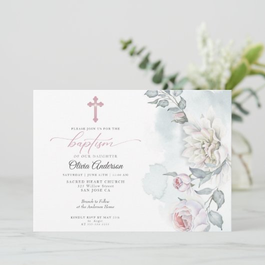 Baptisme voor roze bleekroze katoenbloemen kaart (Staand voorkant)