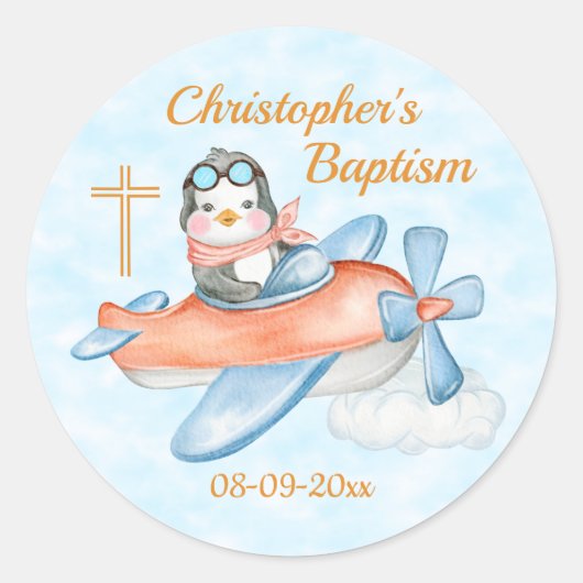 Baptisme Waterverf Baby Penguin-vliegtuig Ronde Sticker (Voorkant)
