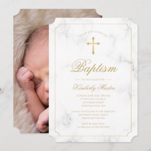 Baptisme White Marble Gold Cross Script Photo Kaart (Voorkant / Achterkant)