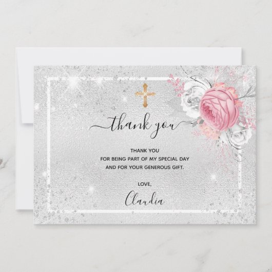 Baptisme zilver glitter roze bloemenfotomeisje bedankkaart (Voorkant)