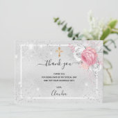 Baptisme zilver glitter roze bloemenfotomeisje bedankkaart (Staand voorkant)