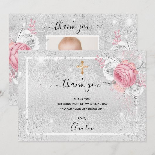 Baptisme zilver glitter roze bloemenfotomeisje bedankkaart (Voorkant / Achterkant)