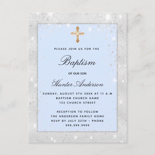 Baptisme zilverblauw boetseerschrift uitnodiging briefkaart (Voorkant)