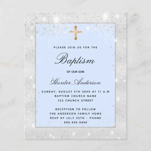 Baptisme zilverblauw glitter boy budget uitnodigin flyer (Voorkant)