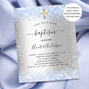 Baptisme zilverblauw glitter boy budget uitnodigin flyer