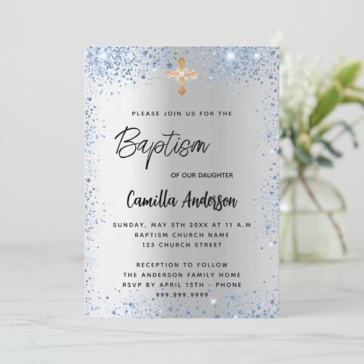 Baptisme zilverblauw jongetkruis kaart (Staand voorkant)