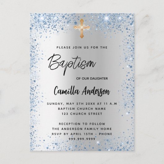 Baptisme zilverblauw jongetkruis uitnodiging briefkaart (Voorkant)