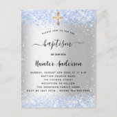 Baptisme zilverblauwe confetti baby uitnodiging briefkaart (Voorkant)