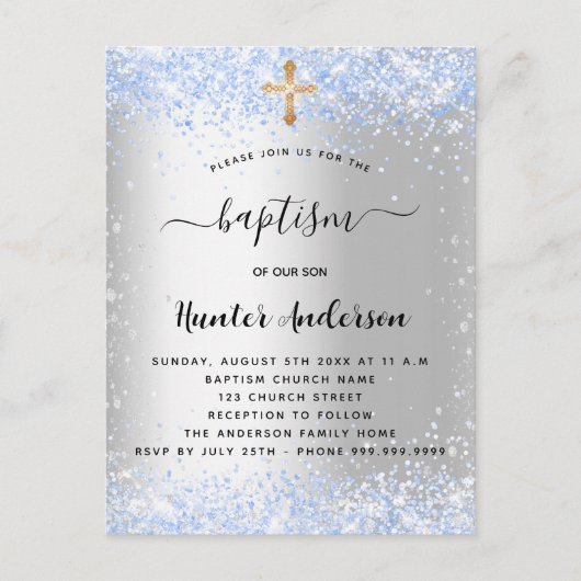 Baptisme zilverblauwe confetti baby uitnodiging briefkaart (Voorkant)