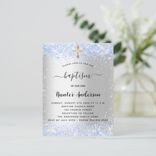 Baptisme zilverblauwe confetti baby uitnodiging briefkaart (Staand voorkant)
