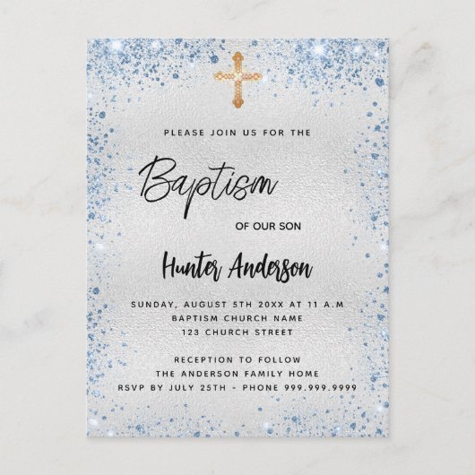 Baptisme zilverblauwe jongen gouden doorsnee uitnodiging briefkaart (Voorkant)