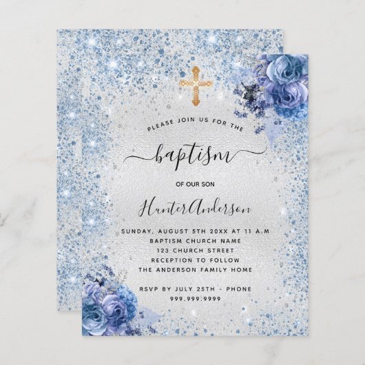 Baptisme zilveren blauwe jongen florele uitnodigin (Voorkant / Achterkant)