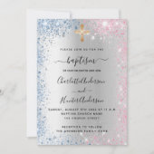 Baptisme zilveren blauwe roze tweelingmeisje luxe kaart (Voorkant)