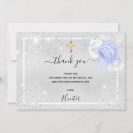 Baptisme zilveren glitter blauwe bloemenfoto bedankkaart