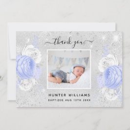 Baptisme zilveren glitter blauwe bloemenfoto bedankkaart