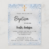 Baptisme zilveren glitter blue boy budget uitnodig (Voorkant)