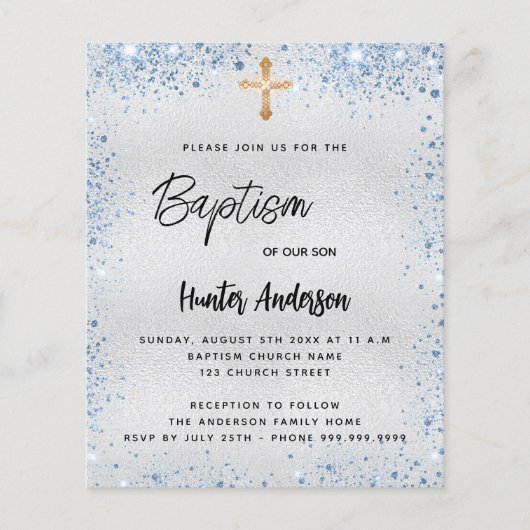 Baptisme zilveren glitter blue boy budget uitnodig (Voorkant)