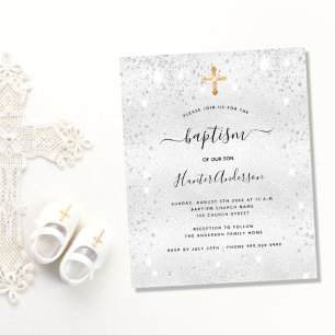 Baptisme zilveren glitter-meisje budgetuitnodiging flyer