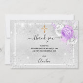 Baptisme zilveren paarse bloemenfotomeisje bedankkaart (Voorkant)