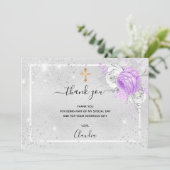 Baptisme zilveren paarse bloemenfotomeisje bedankkaart (Staand voorkant)